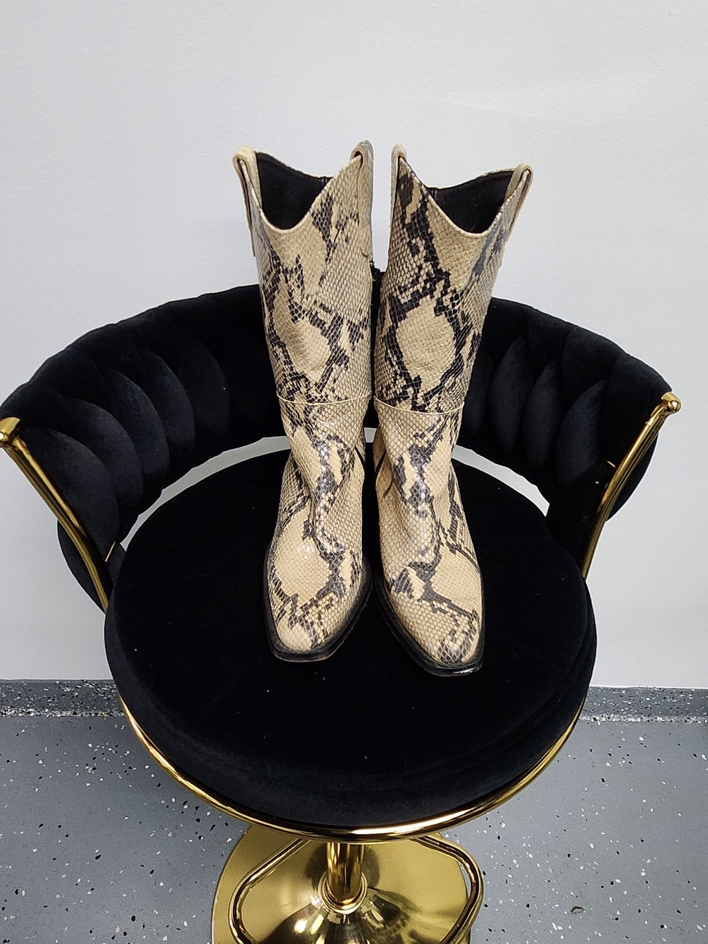 Snake-Print Western Mid-Calf Boots in Beige and Black Size 6